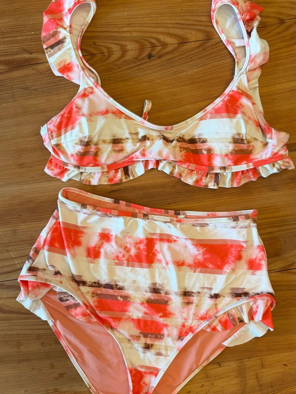 Ruffled Two-Piece Bikini Set in Coral and Cream